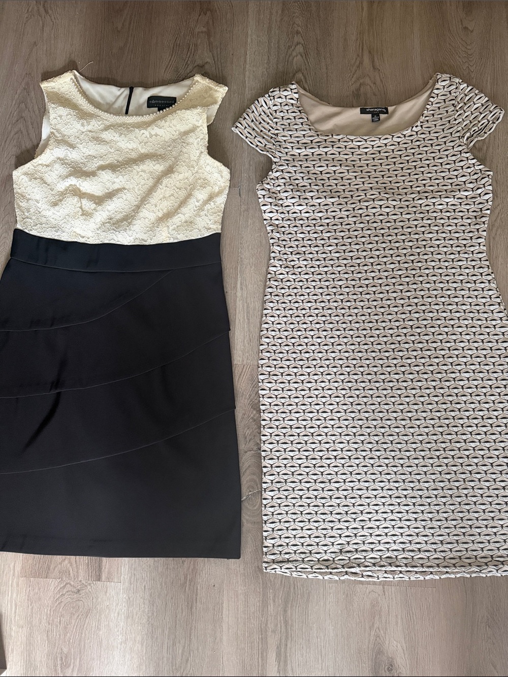 Two Dress Bundle - Ivory & Black Lace Dress + Beige Patterned Sheath Size 14